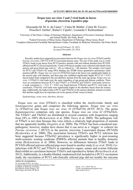 Torque Teno Sus Virus 1 and 2 Viral Loads in Faeces of Porcine Circovirus 2-Positive Pigs