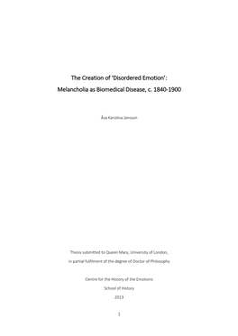 'Disordered Emotion': Melancholia As Biomedical Disease, C. 1840-1900