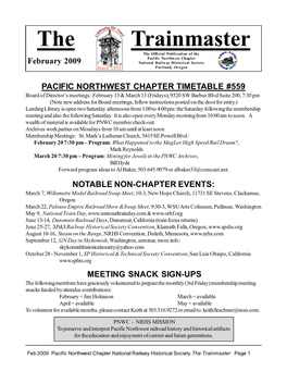 The Trainmaster the Official Publication of the Pacific Northwest Chapter February 2009 National Railway Historical Society Portland, Oregon