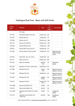 Catalogue Duty Free - Beers and Soft Drinks