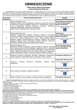 OBWIESZCZENIE Wójta Gminy Dębnica Kaszubska Z Dnia 05 Września 2018 Roku Na Podstawie Art