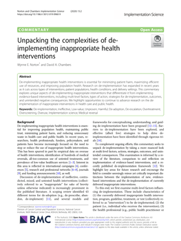 Unpacking the Complexities of De- Implementing Inappropriate Health Interventions Wynne E