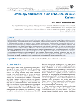 Limnology and Rotifer Fauna of Khushalsar Lake, Kashmir