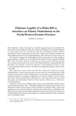 Legality of a Hisba Bill to Introduce an Islamic Ombudsman in the North-Western-Frontier Province