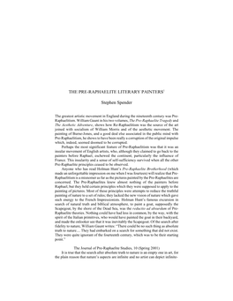 THE PRE-RAPHAELITE LITERARY PAINTERS1 Stephen Spender