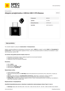 Adapter Przejściowka Z USB Do USB C OTG Baseus BASEUS