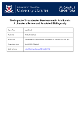 The Impact of Groundwater Development in Arid Lands: a Literature Review and Annotated Bibliography