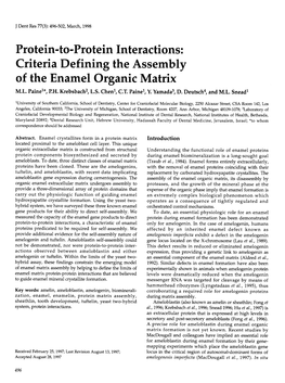 Protein-To-Protein Interactions: Criteria Defining the Assembly of the Enamel Organic Matrix M.L