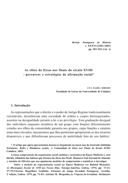 As Elites De Eiras Nos Finais Do Século XVIII - Percursos E Estratégias De Afirmação Social*