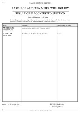 PARISH of THORNTON-LE-MOOR ______RESULT of UN-CONTESTED ELECTION Date of Election : 6Th May 1999