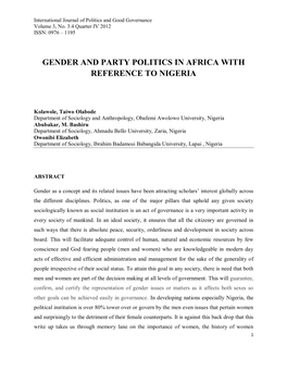 Gender and Party Politics in Africa with Reference to Nigeria