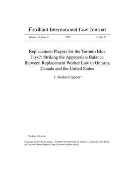 Replacement Players for the Toronto Blue Jays?: Striking the Appropriate Balance Between Replacement Worker Law in Ontario, Canada and the United States