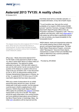 Asteroid 2013 TV135: a Reality Check 18 October 2013