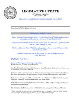 LEGISLATIVE UPDATE 49Th Oklahoma Legislature First Session – 2003