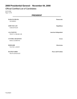 Certified List of Candidates 08/29/2008 Page 1 of 46 PRESIDENT