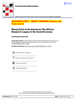 Money Pools in the Americas: the African Diaspora’S Legacy in the Social Economy