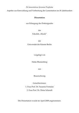 De Lamentatione Jeremiae Prophetae Aspekte Zur Entwicklung Und Verbreitung Der Lamentation Im 18. Jahrhundert Dissertation Zur E