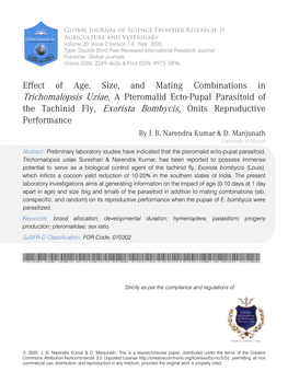 Effect of Age, Size, and Mating Combinations in Trichomalopsis Uziae, a Pteromalid Ecto-Pupal Parasitoid of the Tachinid Fly, Ex