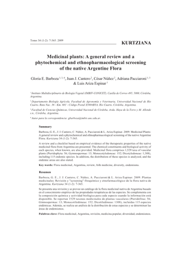 KURTZIANA Medicinal Plants: a General Review and A