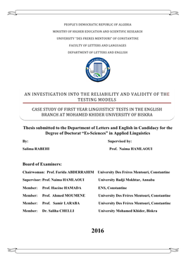 Thesis Submitted to the Department of Letters and English in Candidacy for the Degree of Doctorat “Es-Sciences” in Applied Linguistics