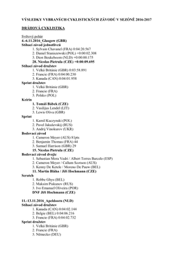 Výsledky Vybraných Cyklistických Závodů V Sezóně 2016-2017