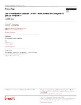 LES ÉVÉNEMENTS D'octobre 1970 ET L'administration DE LA JUSTICE PÉNALE AU QUÉBEC José M