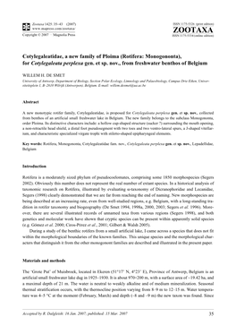 Zootaxa, Cotylegaleatidae, a New Family of Ploima (Rotifera