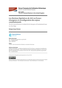 Revue Française De Civilisation Britannique, XX-3 | 2015 Les Élections Législatives De 2015 En Écosse : Résurgence Et Reconfiguration