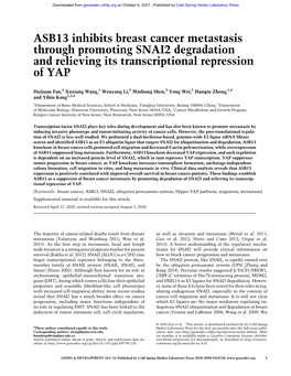 ASB13 Inhibits Breast Cancer Metastasis Through Promoting SNAI2 Degradation and Relieving Its Transcriptional Repression of YAP