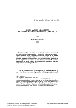 Ebrios, Vagos Y Analfabetos. El Sufragio Restringido En Bolivia, 1826-1952 (*)