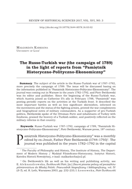The Russo-Turkish War (The Campaign of 1789) in the Light of Reports from “Pamiętnik Historyczno-Polityczno-Ekonomiczny”