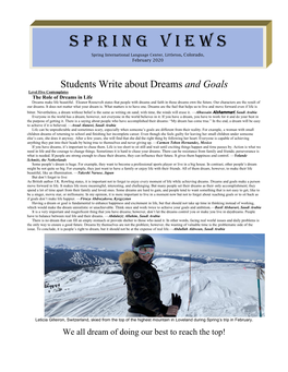 Spring Views Is Published Every Term to Showcase the Writing of Students from Level One Through Six