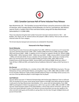 2021 Canadian Lacrosse Hall of Fame Inductee Press Release