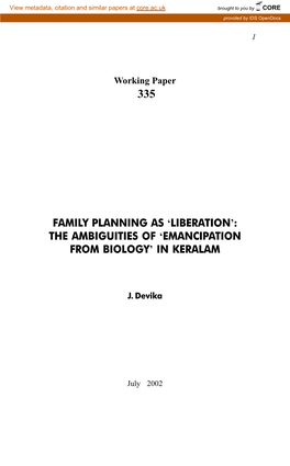 Family Planning As ‘Liberation’: the Ambiguities of ‘Emancipation from Biology’ in Keralam