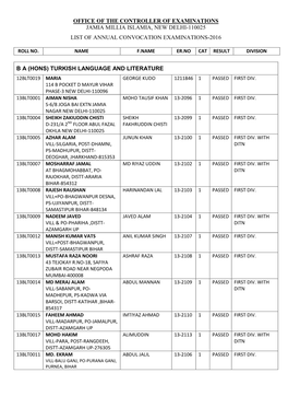 Office of the Controller of Examinations Jamia Millia Islamia, New Delhi-110025 List of Annual Convocation Examinations-2016