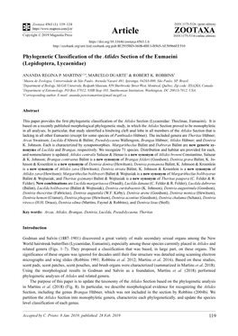 Phylogenetic Classification of the Atlides Section of the Eumaeini (Lepidoptera, Lycaenidae)