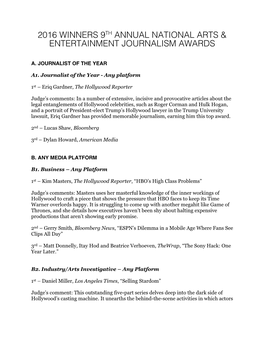 2016 Winners 9Th Annual National Arts & Entertainment Journalism Awards