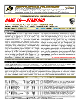 GAME 10—STANFORD BUFFS, CARDINAL to PLAY for the FIRST TIME SINCE 2012 SATURDAY, NOVEMBER 7, 2015 11:01 A.M