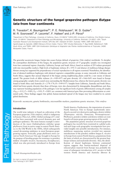 Genetic Structure of the Fungal Grapevine Pathogen Eutypa Lata from Four Continents