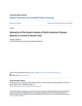 Derivation of the Generic Names of North American Grasses (Names in Current Or Recent Use)