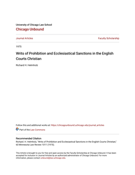 Writs of Prohibition and Ecclesiastical Sanctions in the English Courts Christian
