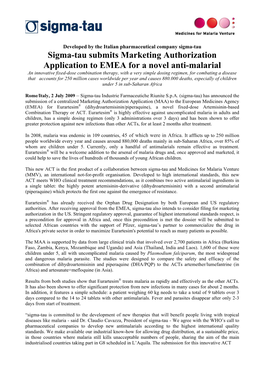 Sigma-Tau Submits Marketing Authorization Application to EMEA