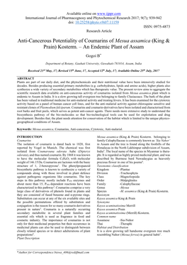 Anti-Cancerous Potentiality of Coumarins of Mesua Assamica (King & Prain) Kosterm
