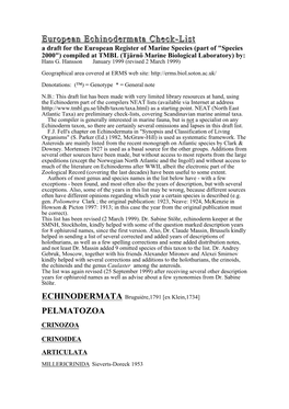 European Echinodermata Check-List PELMATOZOA