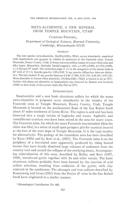 META-ALUMINITE, a NEW MINERAL from TEMPLE MOUNTAIN, UTAH1 Crrrlonr Fnonuu, Department of Geologicalsciences, Harvard