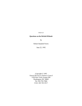 Questions on the British H-Bomb by Robert Standish Norris June 22