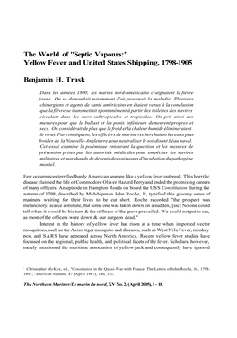 The World of "Septic Vapours:" Yellow Fever and United States Shipping, 1798-1905 Benjamin H. Trask