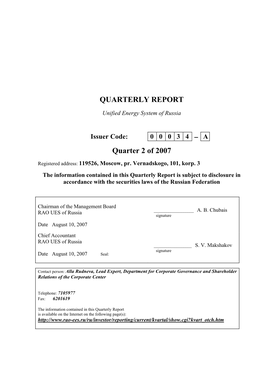 QUARTERLY REPORT Quarter 2 of 2007