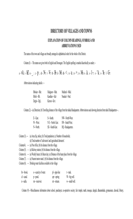 Directory of Villages and Towns Explanation of Column Headings, Symbols and Abbreviations Used