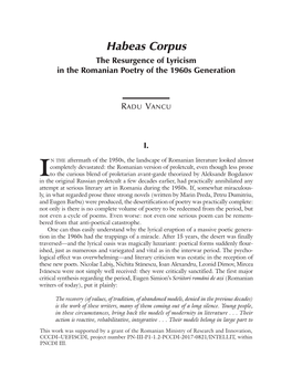 Habeas Corpus the Resurgence of Lyricism in the Romanian Poetry of the 1960S Generation